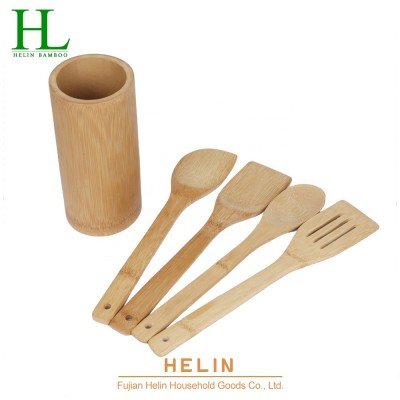 6 Pieces Bamboo cooking utensil set with round holder