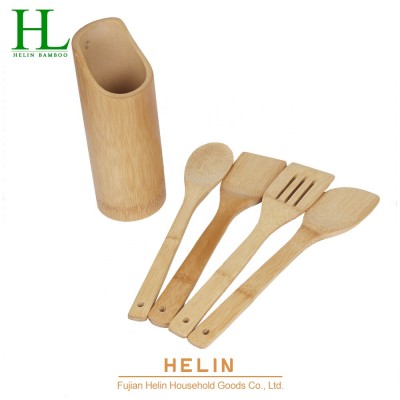 Bamboo cooking utensil set with holder